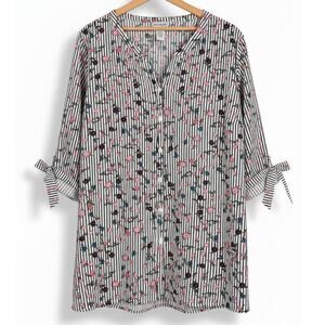 Catherines Womens 1X Feminine Bloomcore Preppy Artsy Floral Stripe Tunic‎ Blouse
